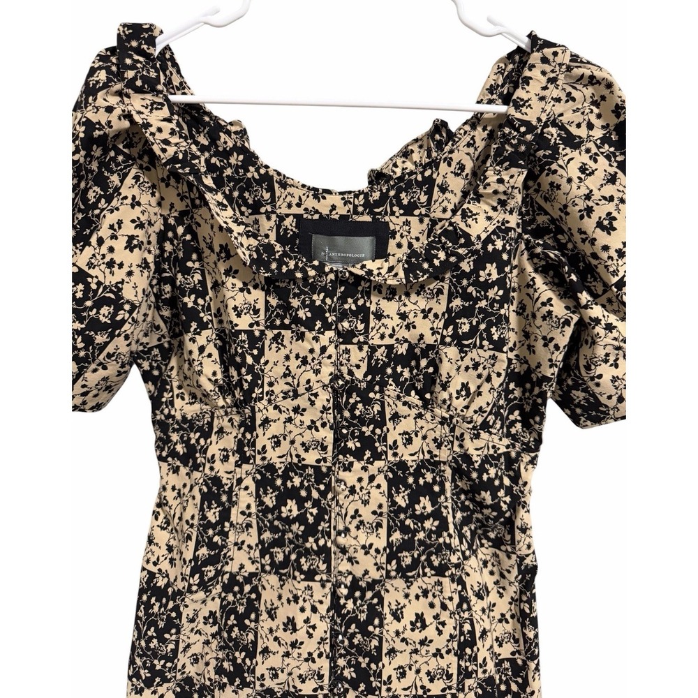 Anthropologie Ruffled Puff Sleeve Floral Smocked Dress   Tan/Black Womens Size 8 - Picture 3 of 12